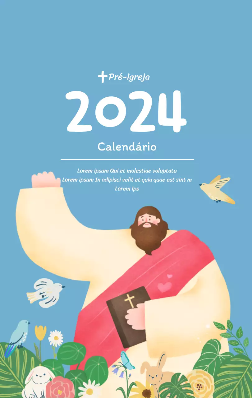 Um calendário devocional com ilustrações acolhedoras e versículos bíblicos sobre um fundo azul claro