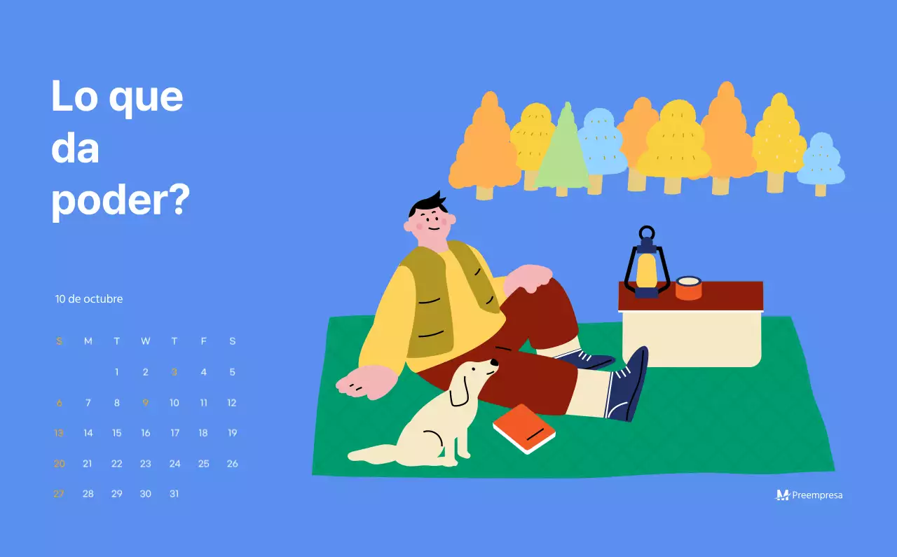 Calendario motivacional con ilustraciones llenas de energía y citas positivas sobre fondo azul claro