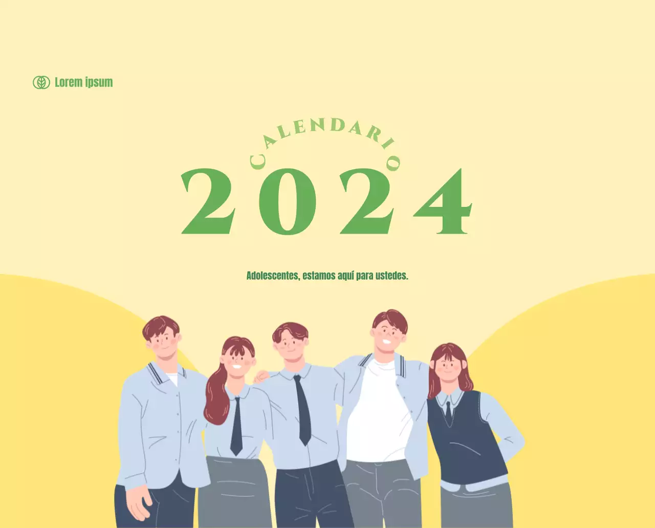 Calendario con ilustraciones juveniles sobre fondo amarillo y verde