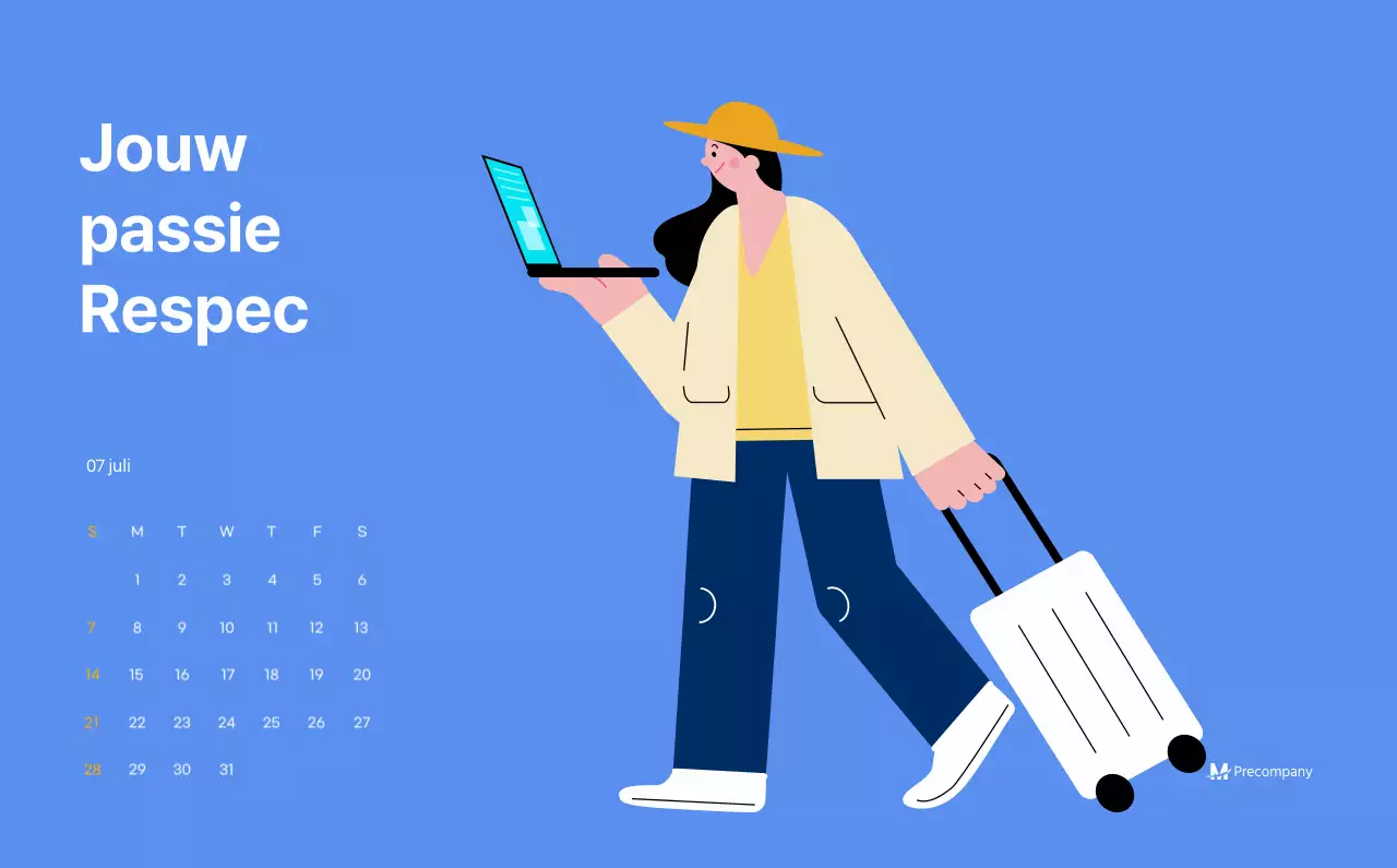 Motiverende kalender met energieke illustraties en positieve citaten op een lichtblauwe achtergrond