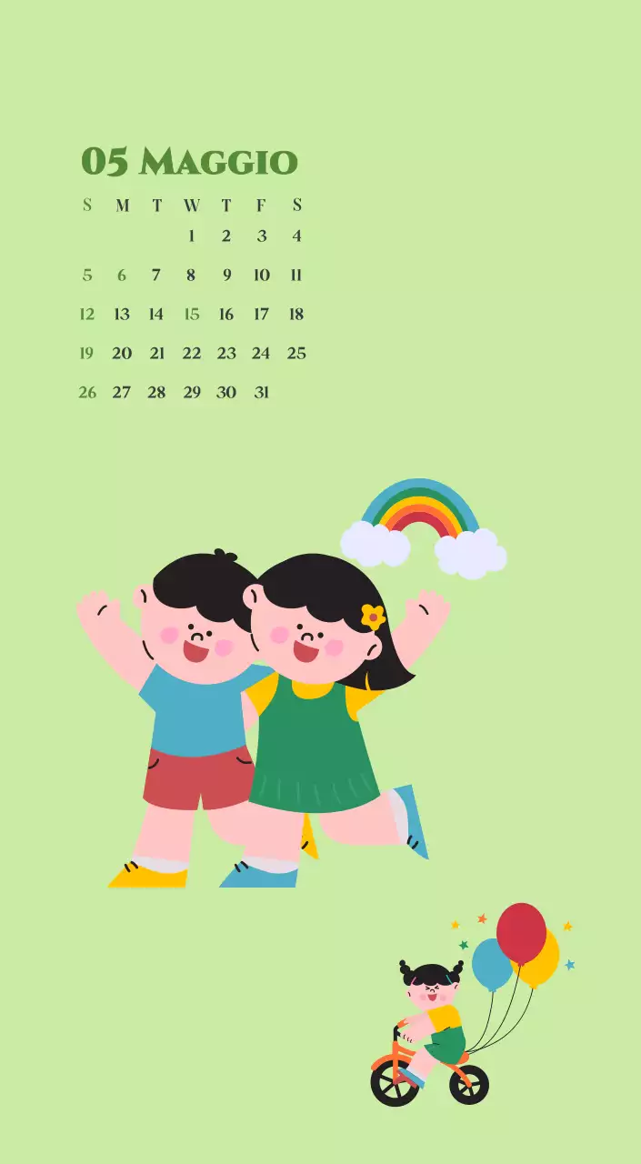 Calendario con illustrazioni giovanili su sfondo giallo e verde