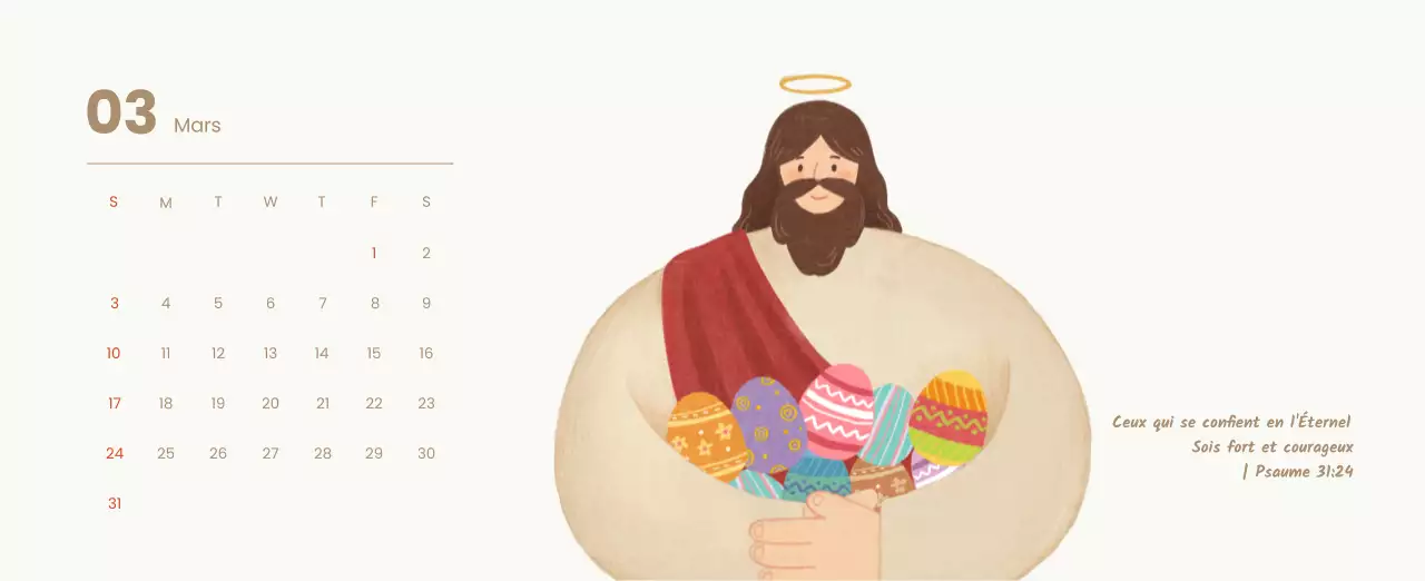 Un calendrier dévotionnel avec des illustrations douces et des versets bibliques sur un fond bleu clair.