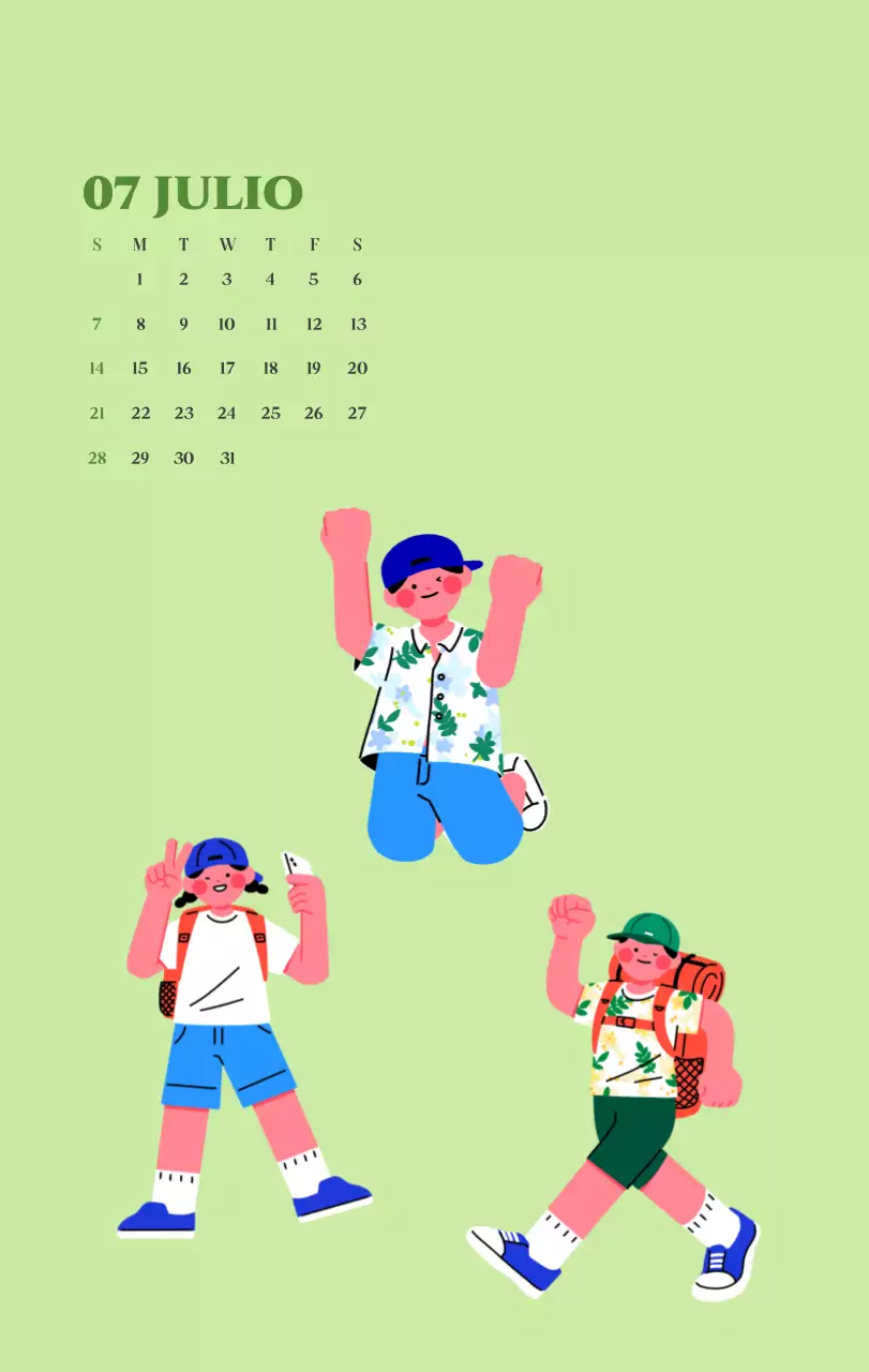 Calendario con ilustraciones juveniles sobre fondo amarillo y verde