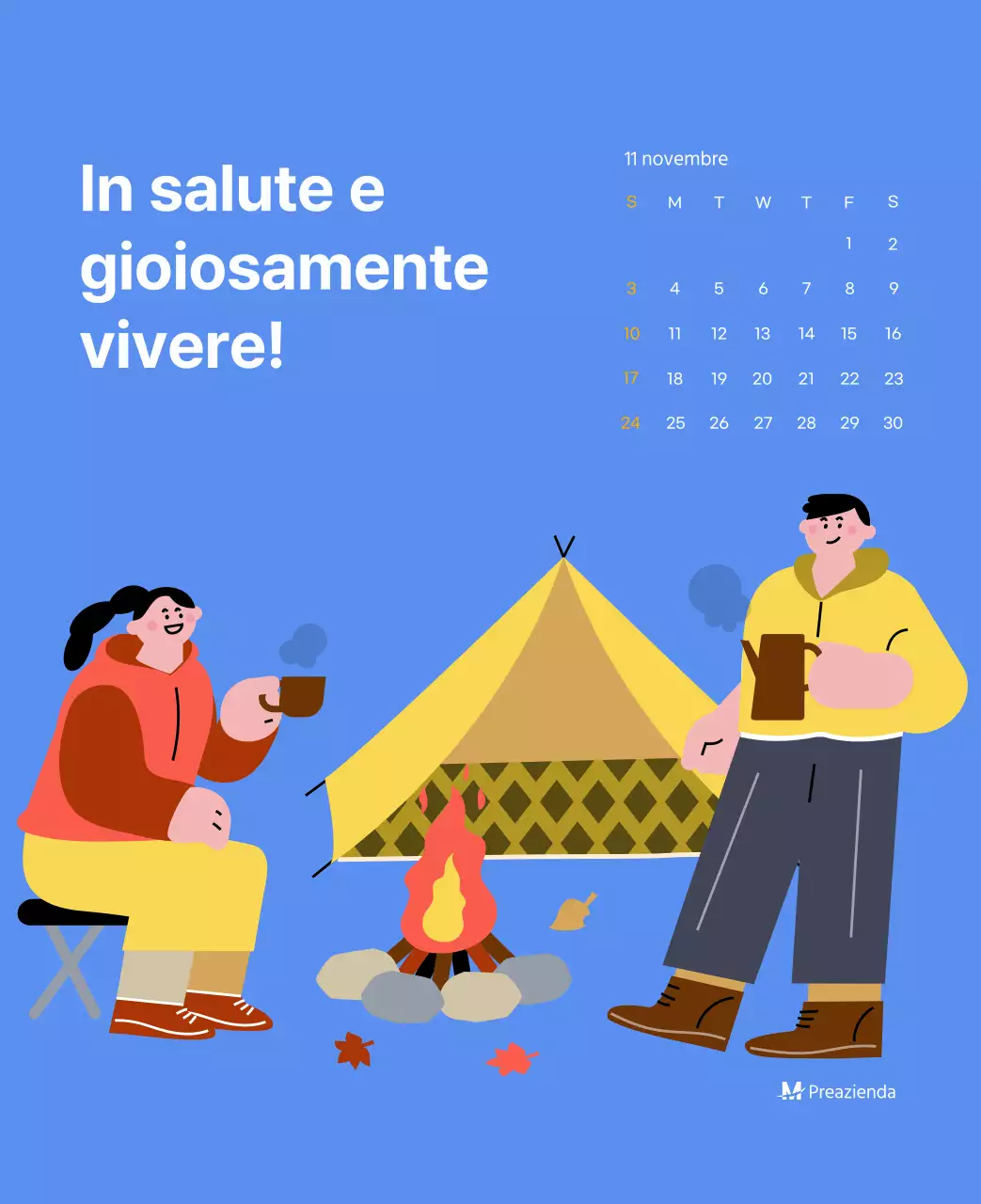 Calendario motivazionale con illustrazioni energetiche e citazioni positive su sfondo azzurro