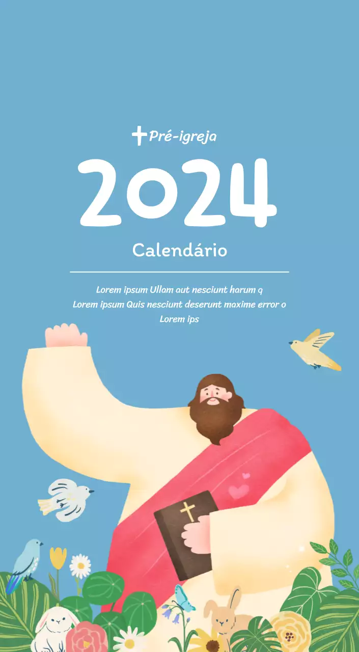 Um calendário devocional com ilustrações acolhedoras e versículos bíblicos sobre um fundo azul claro