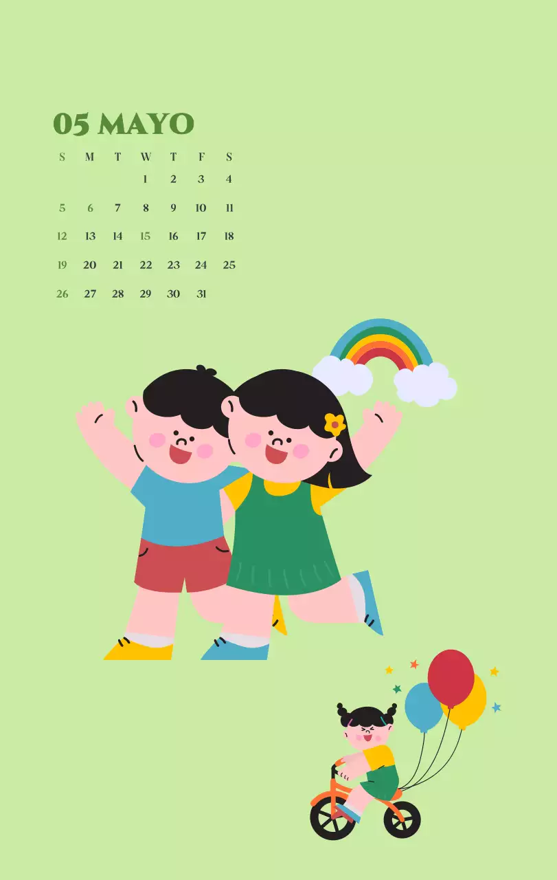 Calendario con ilustraciones juveniles sobre fondo amarillo y verde