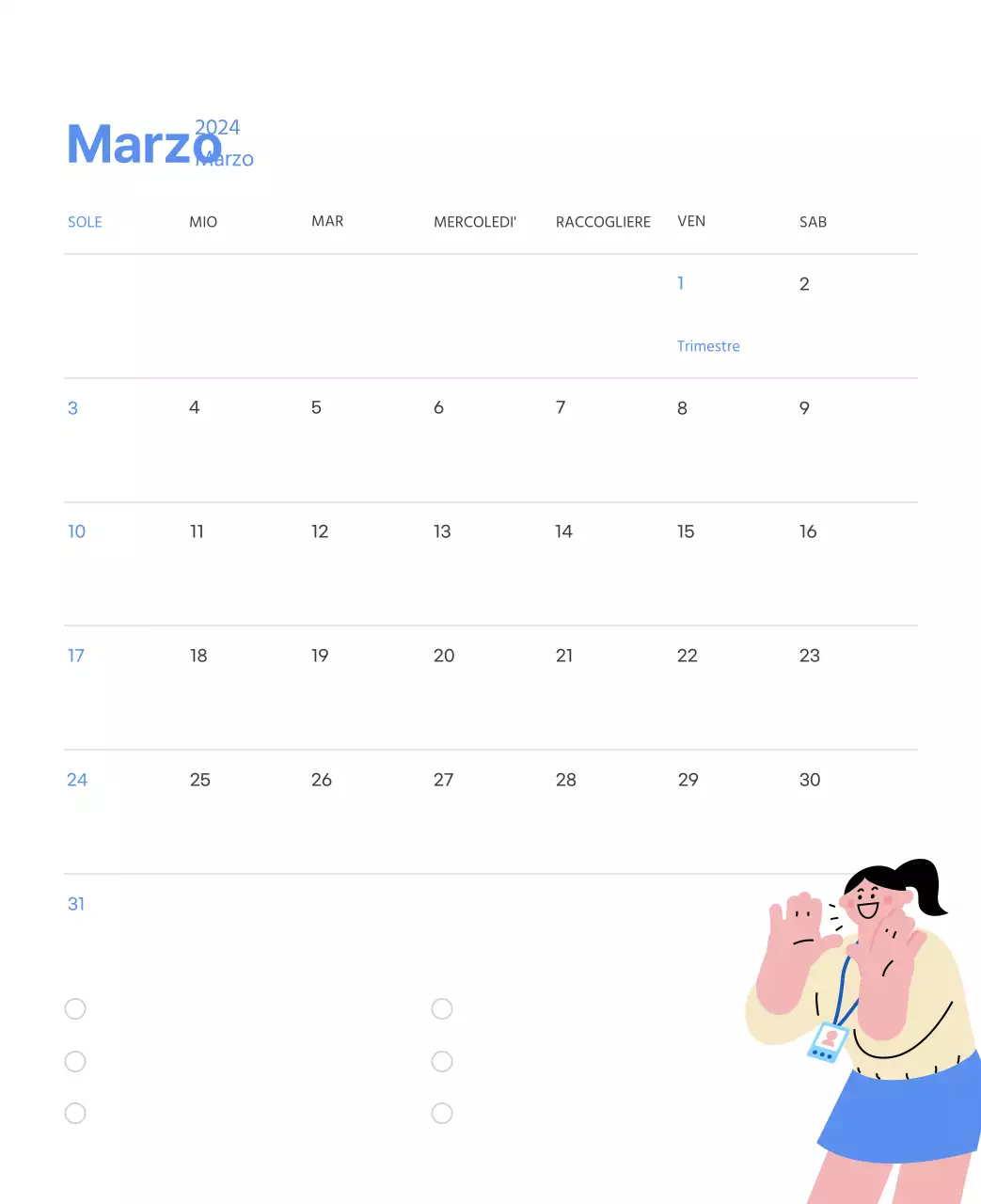 Calendario motivazionale con illustrazioni energetiche e citazioni positive su sfondo azzurro