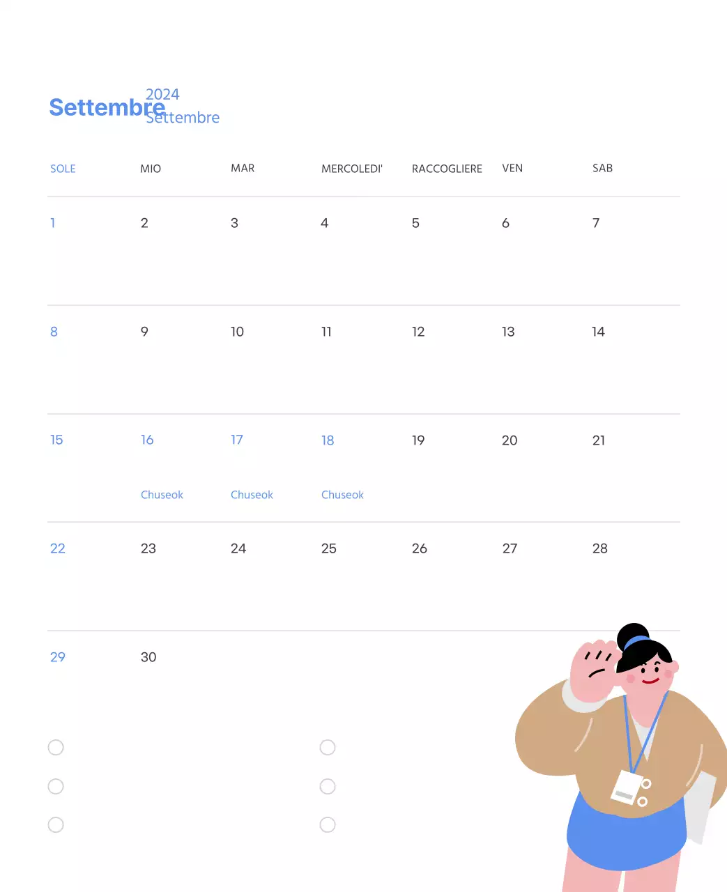 Calendario motivazionale con illustrazioni energetiche e citazioni positive su sfondo azzurro