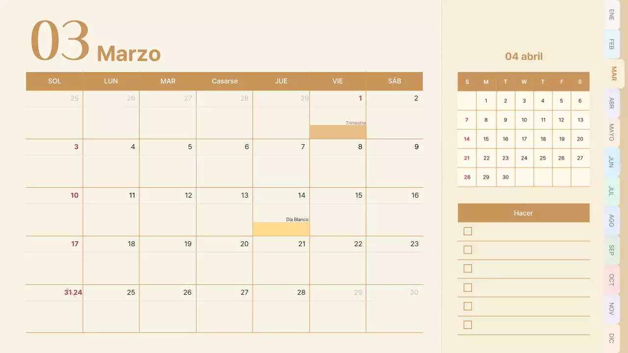 Calendario clásico en rosa y azul claro