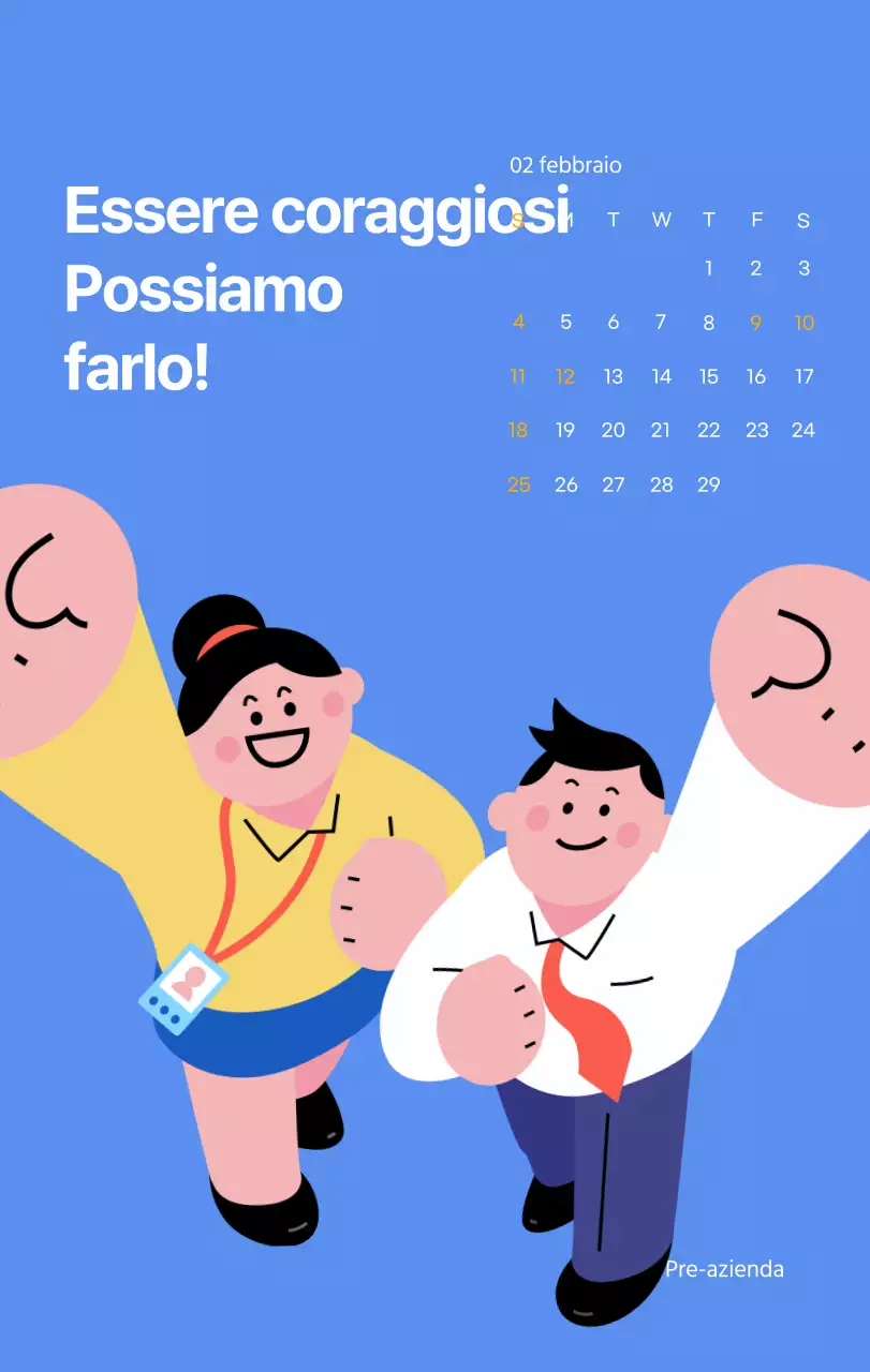 Calendario motivazionale con illustrazioni energetiche e citazioni positive su sfondo azzurro