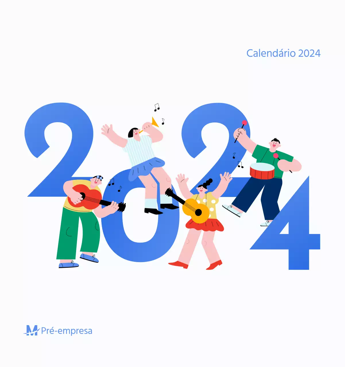 Calendário motivacional com ilustrações energéticas e citações positivas sobre um fundo azul claro