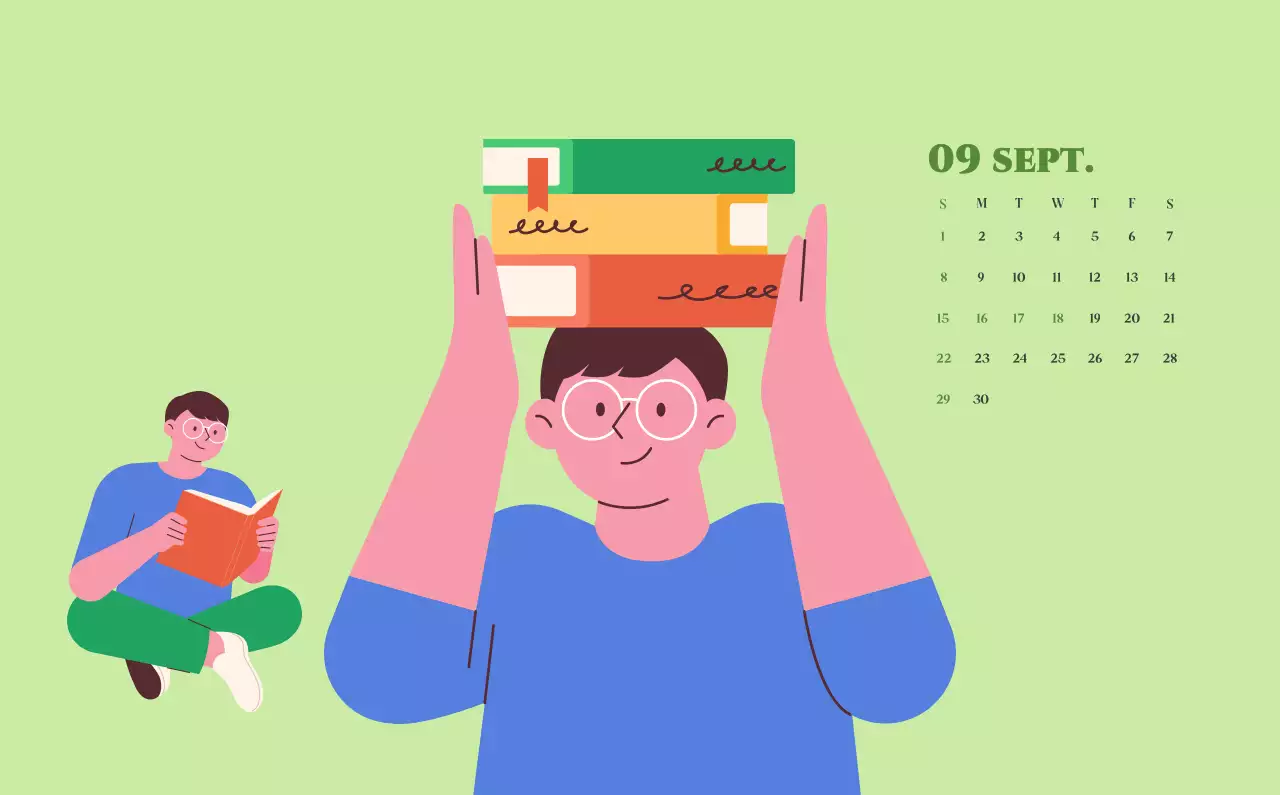 Calendrier avec illustrations de jeunes sur fond jaune et vert