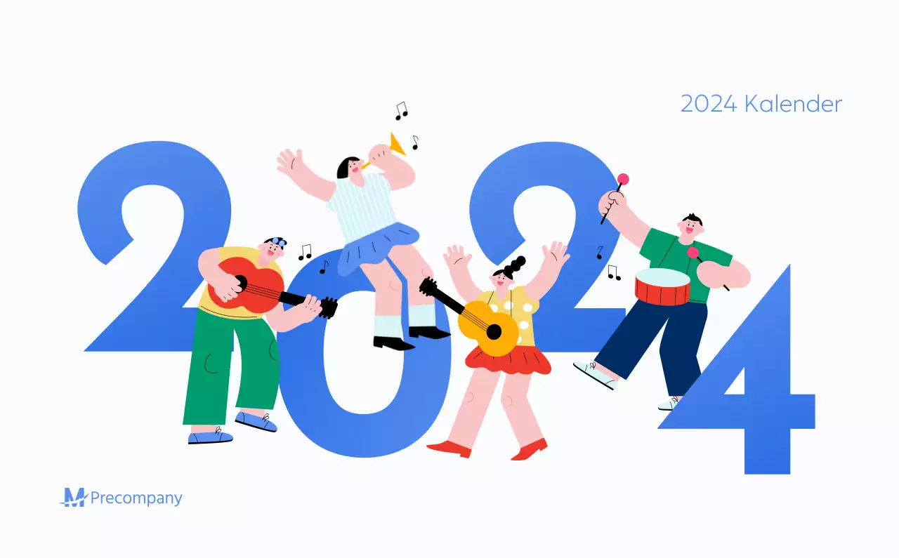 Motiverende kalender met energieke illustraties en positieve citaten op een lichtblauwe achtergrond