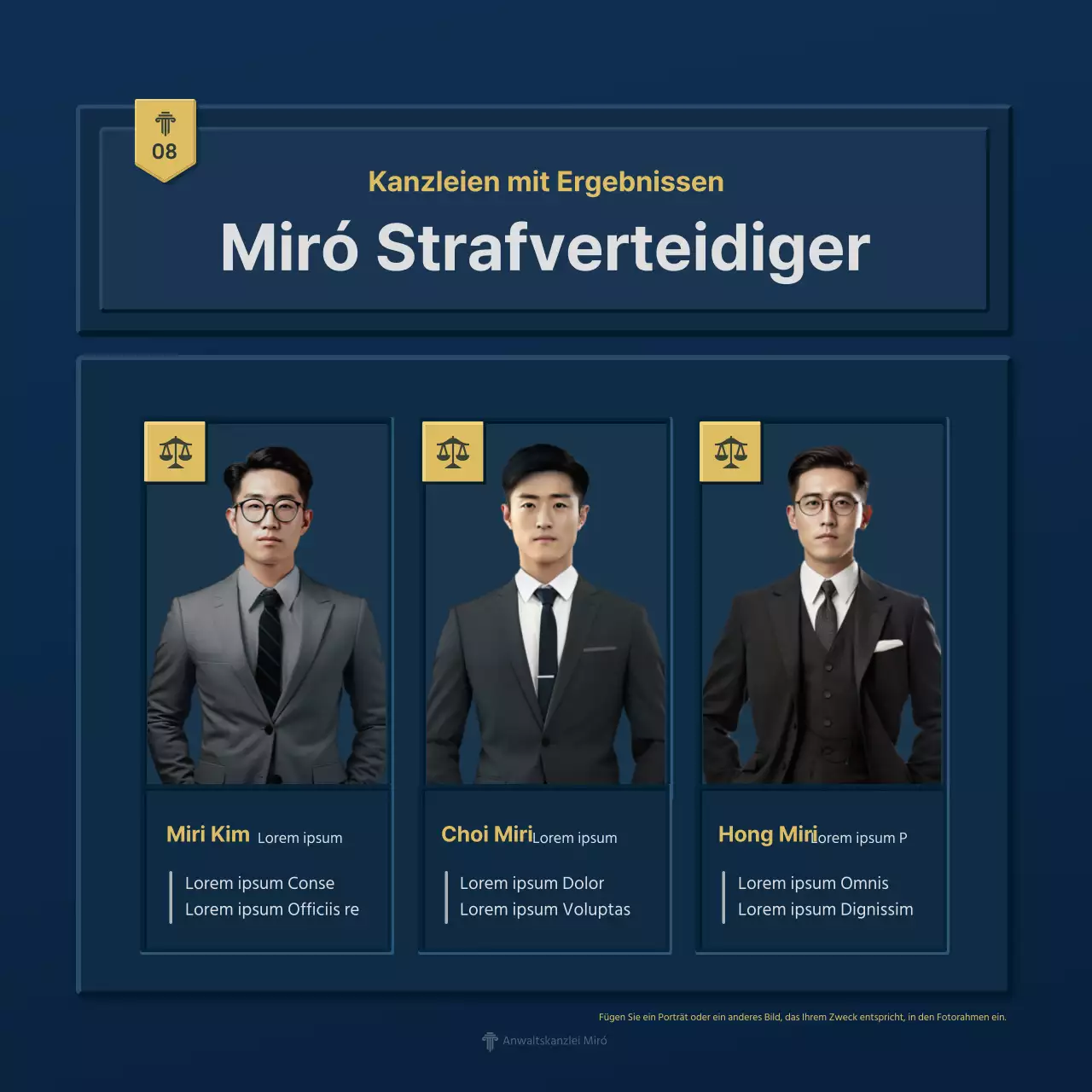 Ein einfaches blaues und gelbes Firmenprofil einer Anwaltskanzlei