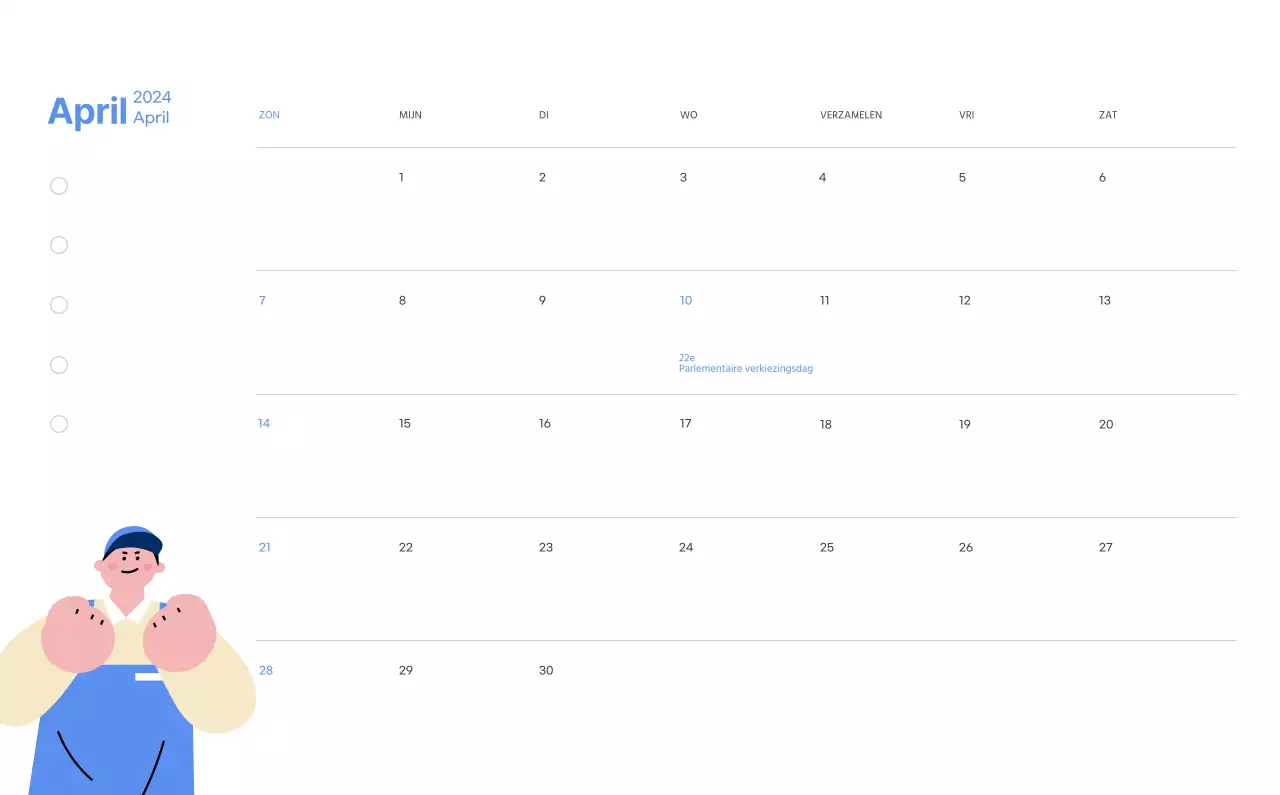 Motiverende kalender met energieke illustraties en positieve citaten op een lichtblauwe achtergrond