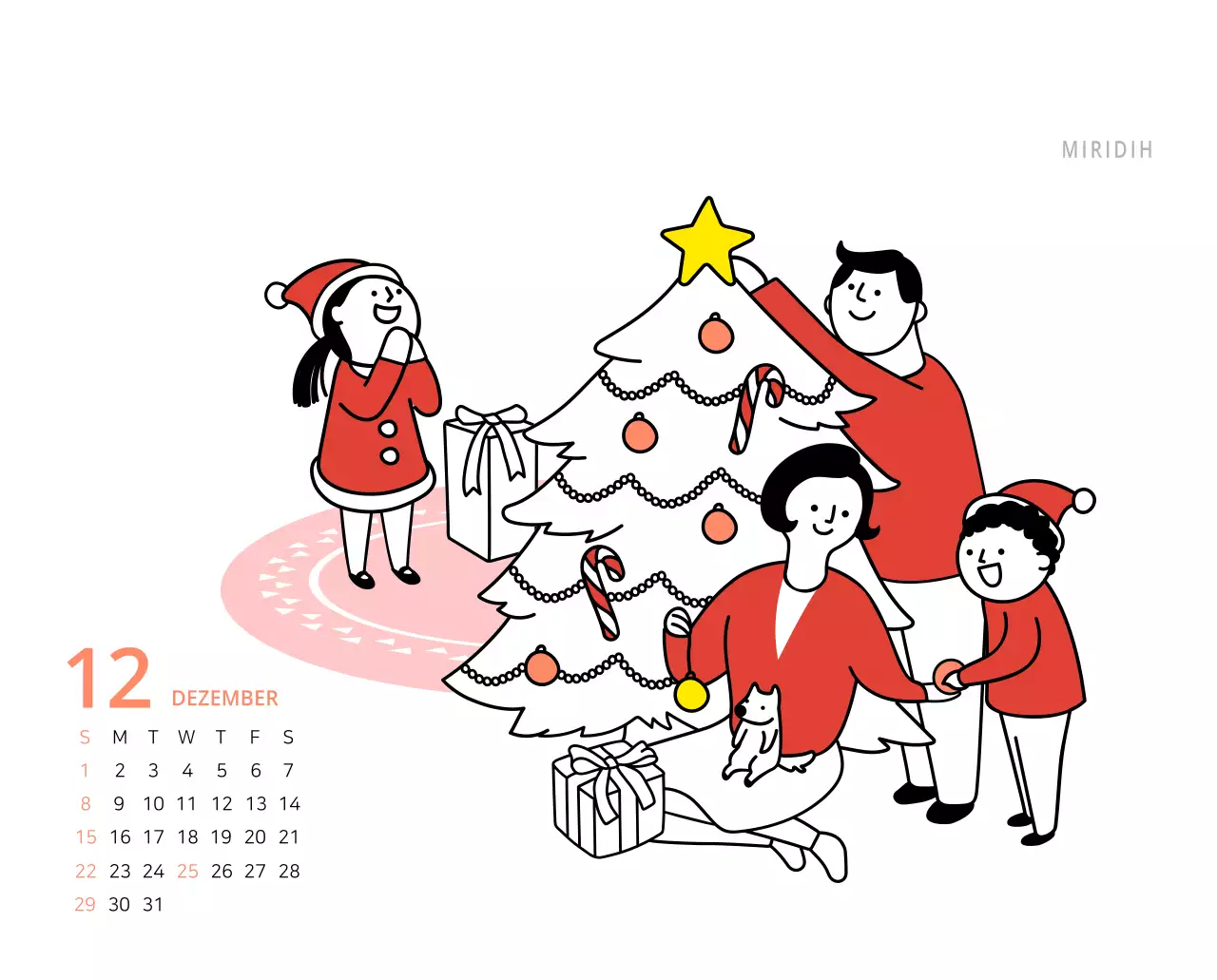 Niedlich illustrierter grüner Tischkalender mit Familienthemen