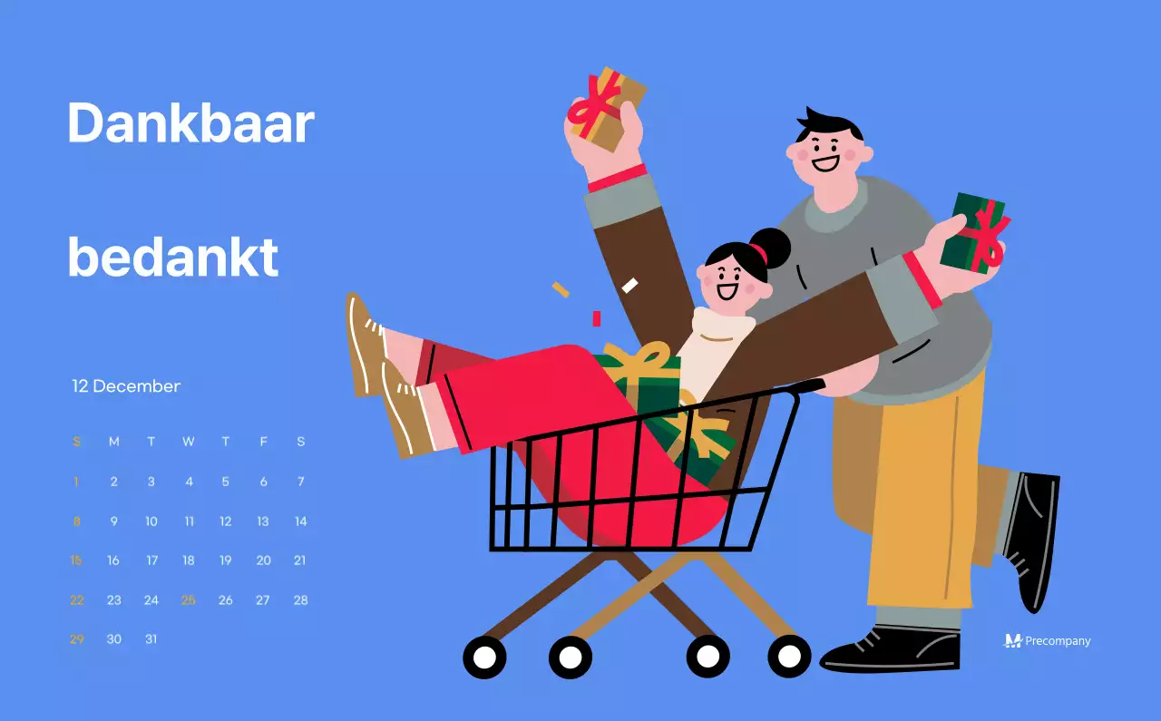 Motiverende kalender met energieke illustraties en positieve citaten op een lichtblauwe achtergrond