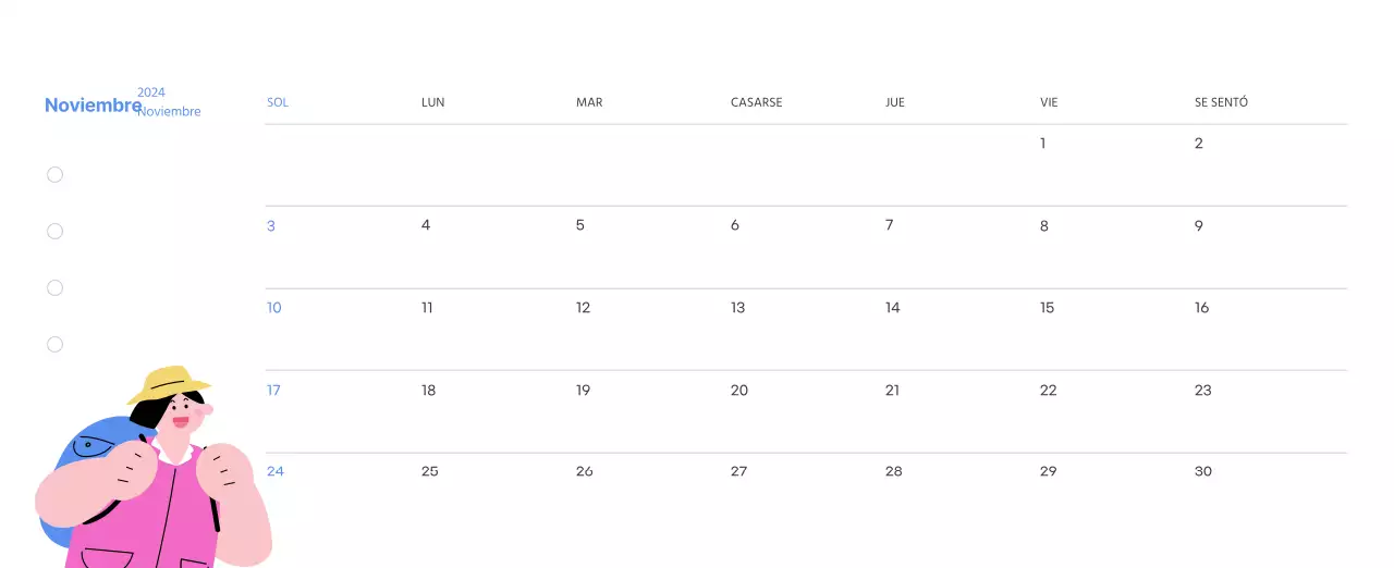 Calendario motivacional con ilustraciones llenas de energía y citas positivas sobre fondo azul claro