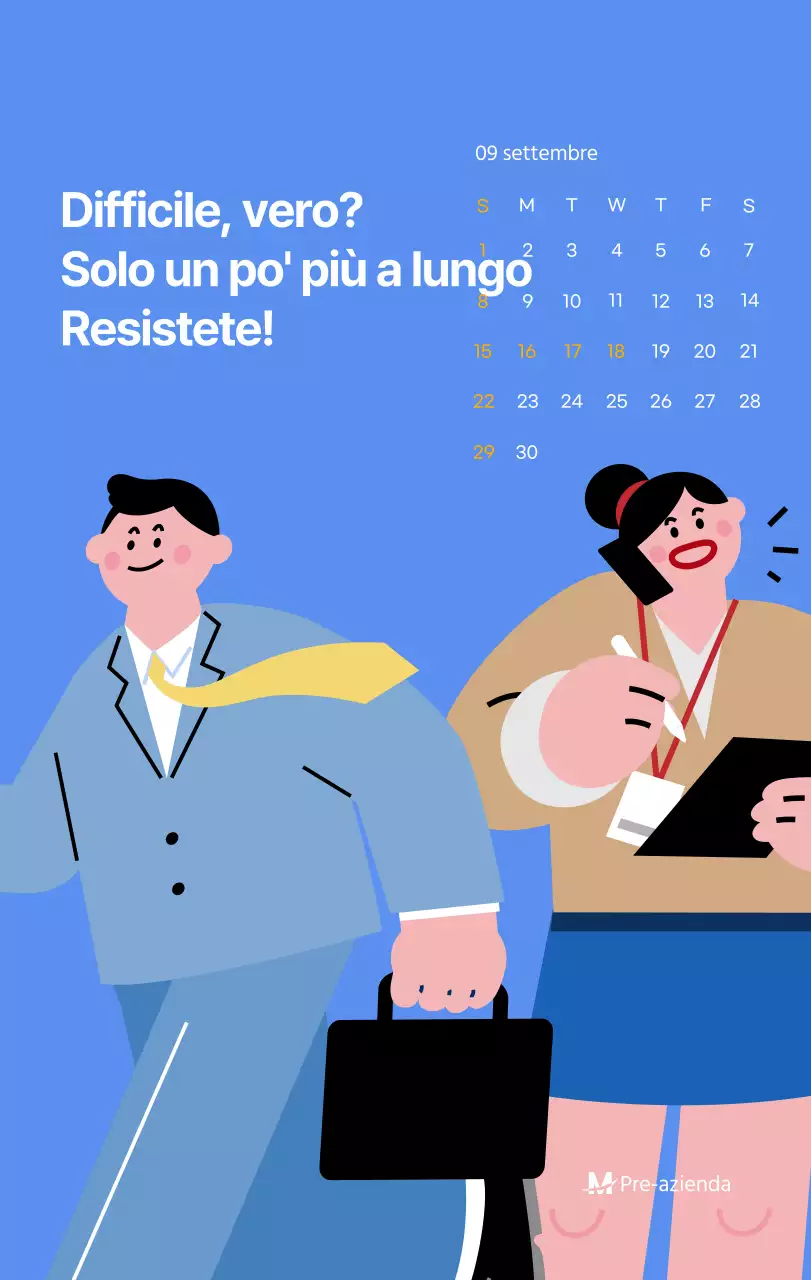Calendario motivazionale con illustrazioni energetiche e citazioni positive su sfondo azzurro