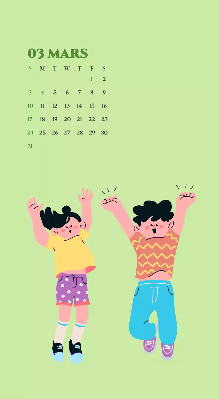Calendrier avec illustrations de jeunes sur fond jaune et vert