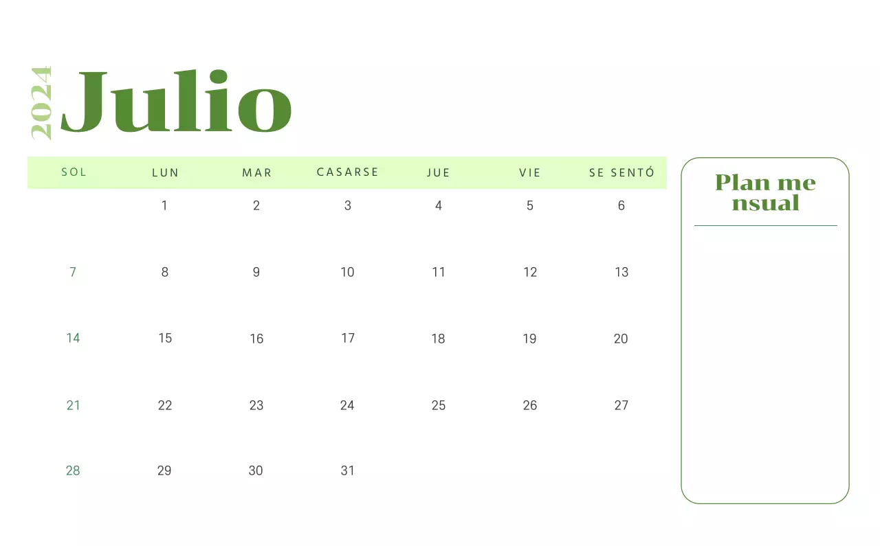 Calendario con ilustraciones juveniles sobre fondo amarillo y verde