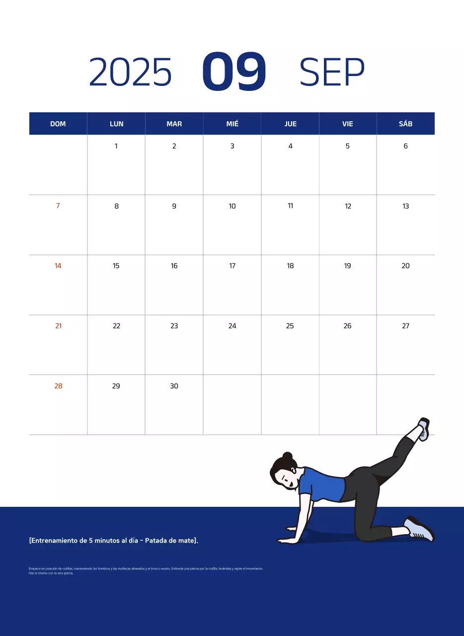Calendario sencillo con ilustraciones azules y limpias
