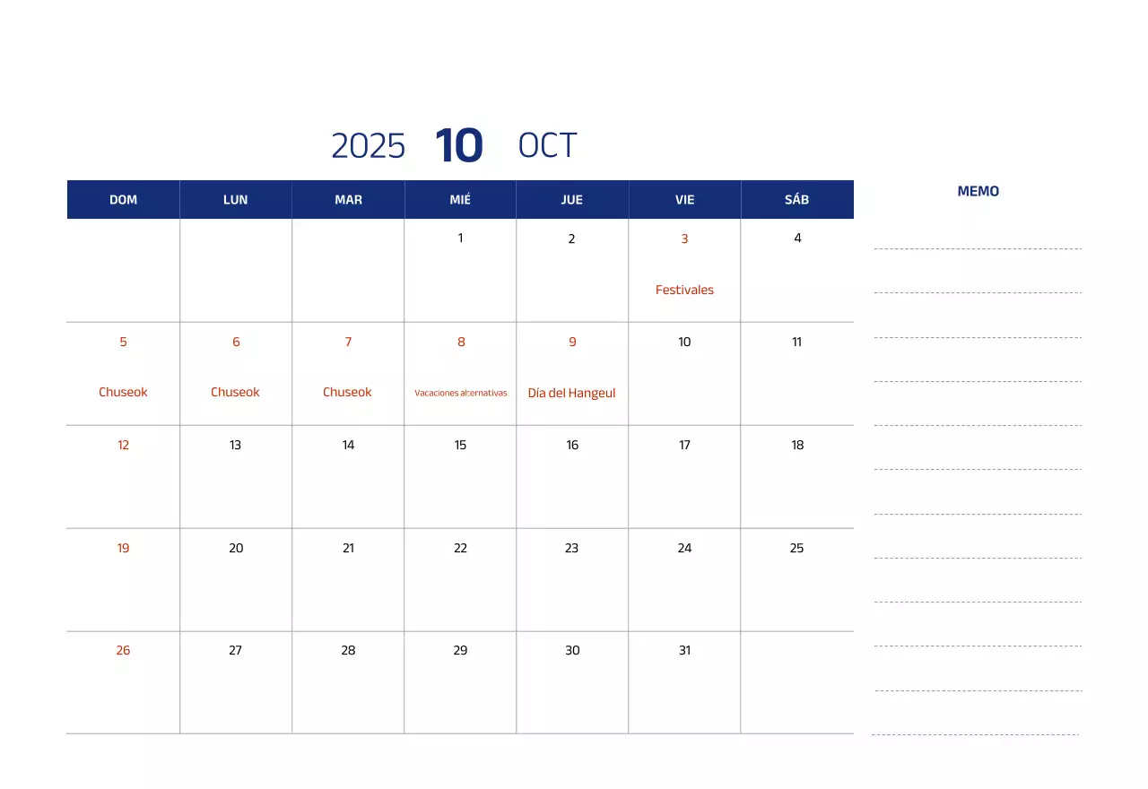 Calendario sencillo con ilustraciones azules y limpias