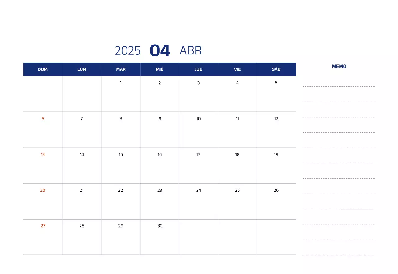 Calendario sencillo con ilustraciones azules y limpias