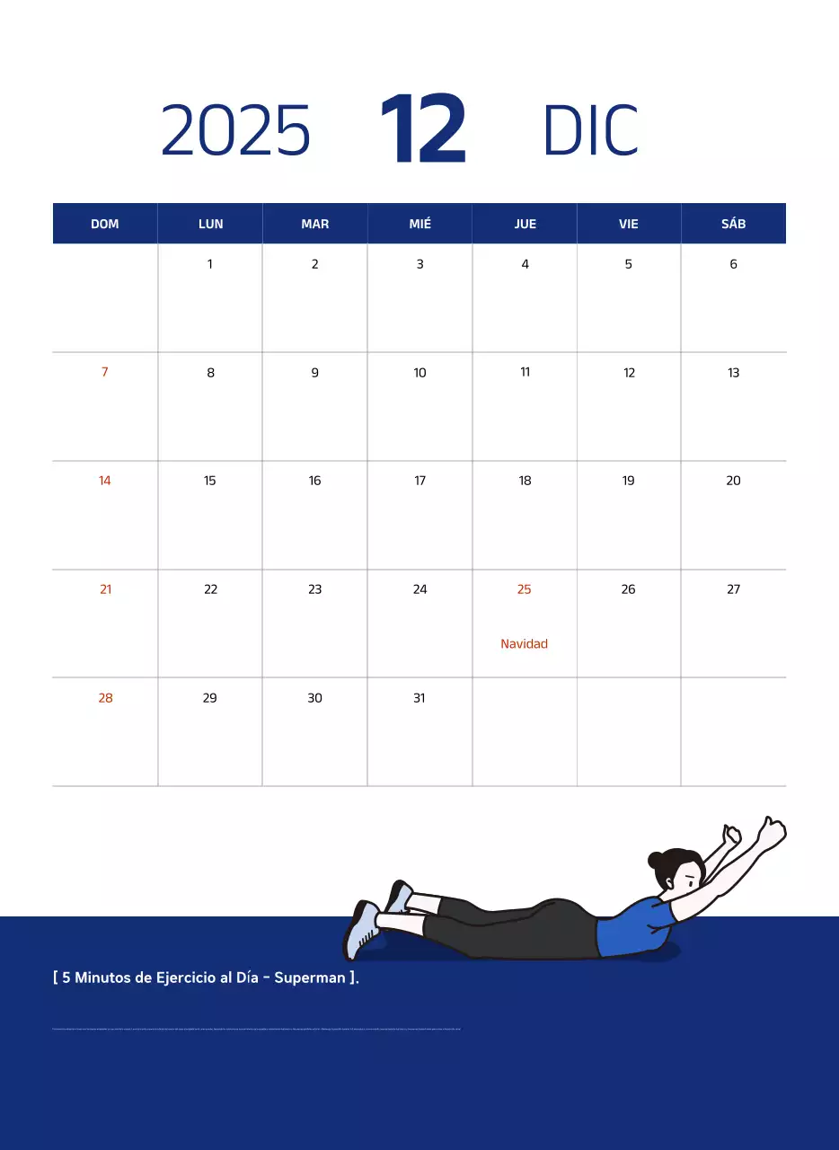 Calendario sencillo con ilustraciones azules y limpias