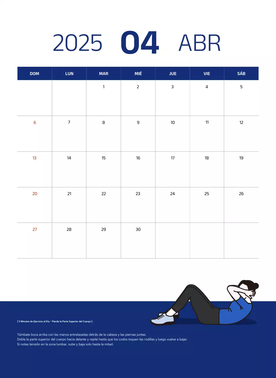 Calendario sencillo con ilustraciones azules y limpias