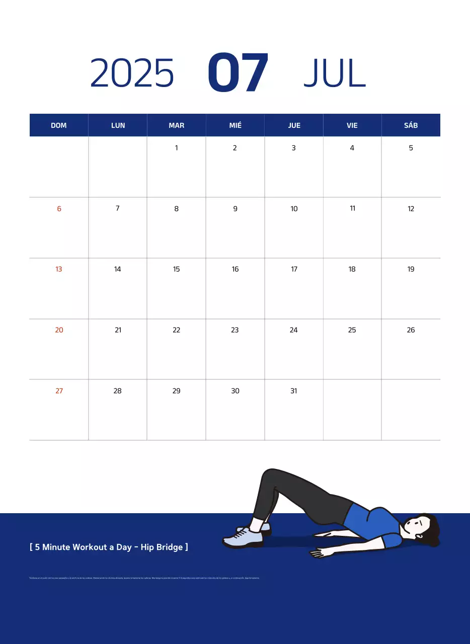 Calendario sencillo con ilustraciones azules y limpias