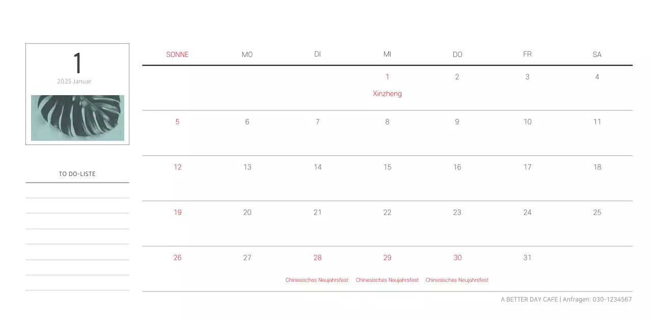 Weißer sauberer botanischer Naturkalender
