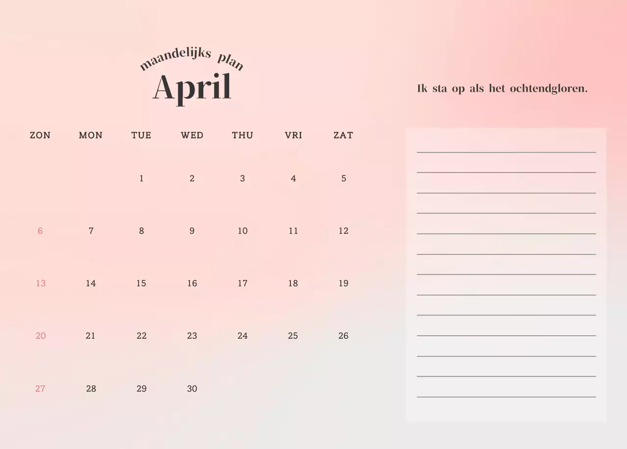 Minimalistische kalender met kleurverloop
