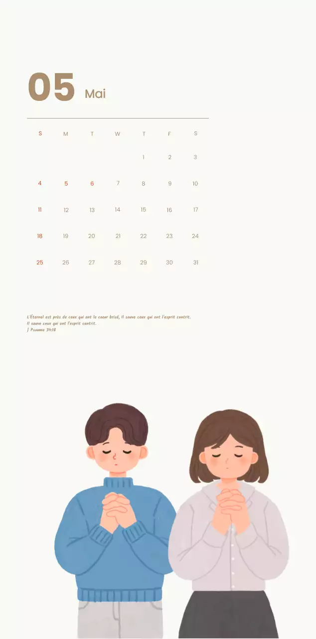 Un calendrier dévotionnel avec des illustrations douces et des versets bibliques sur un fond bleu clair.