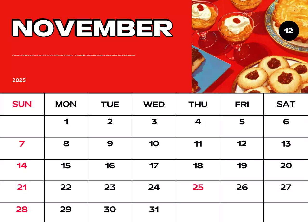 Kalender penuh warna dengan berbagai ilustrasi retro