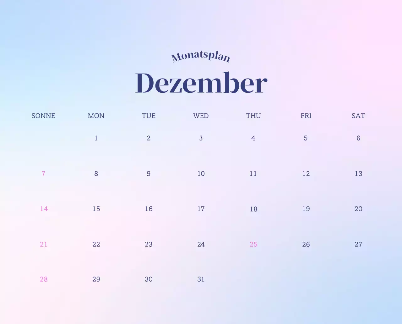 Minimalistischer Kalender mit Farbverlauf