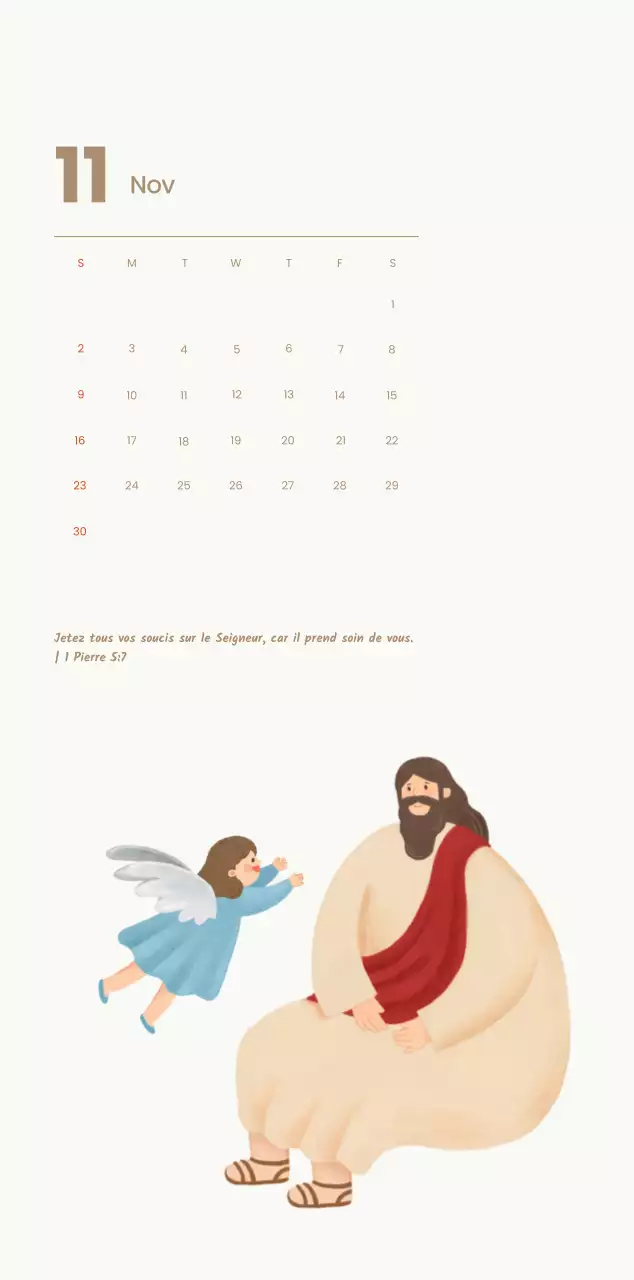 Un calendrier dévotionnel avec des illustrations douces et des versets bibliques sur un fond bleu clair.