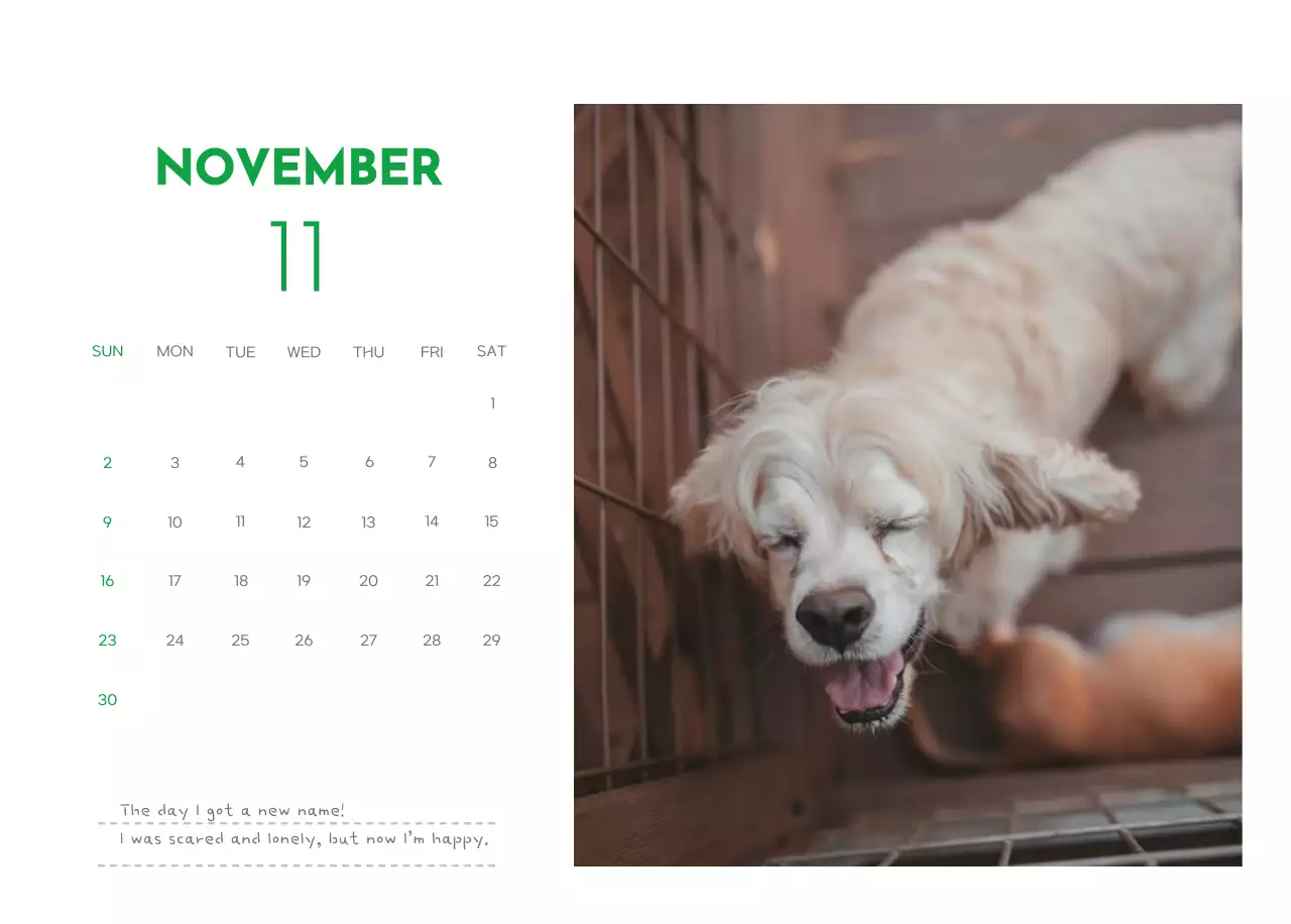 A calendar with a puppy photo and cute message in a green accent color