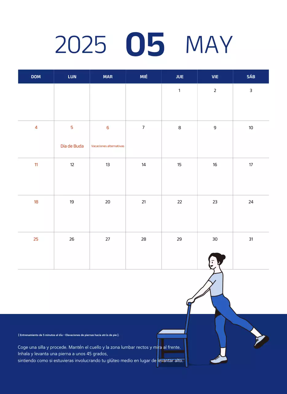 Calendario sencillo con ilustraciones azules y limpias