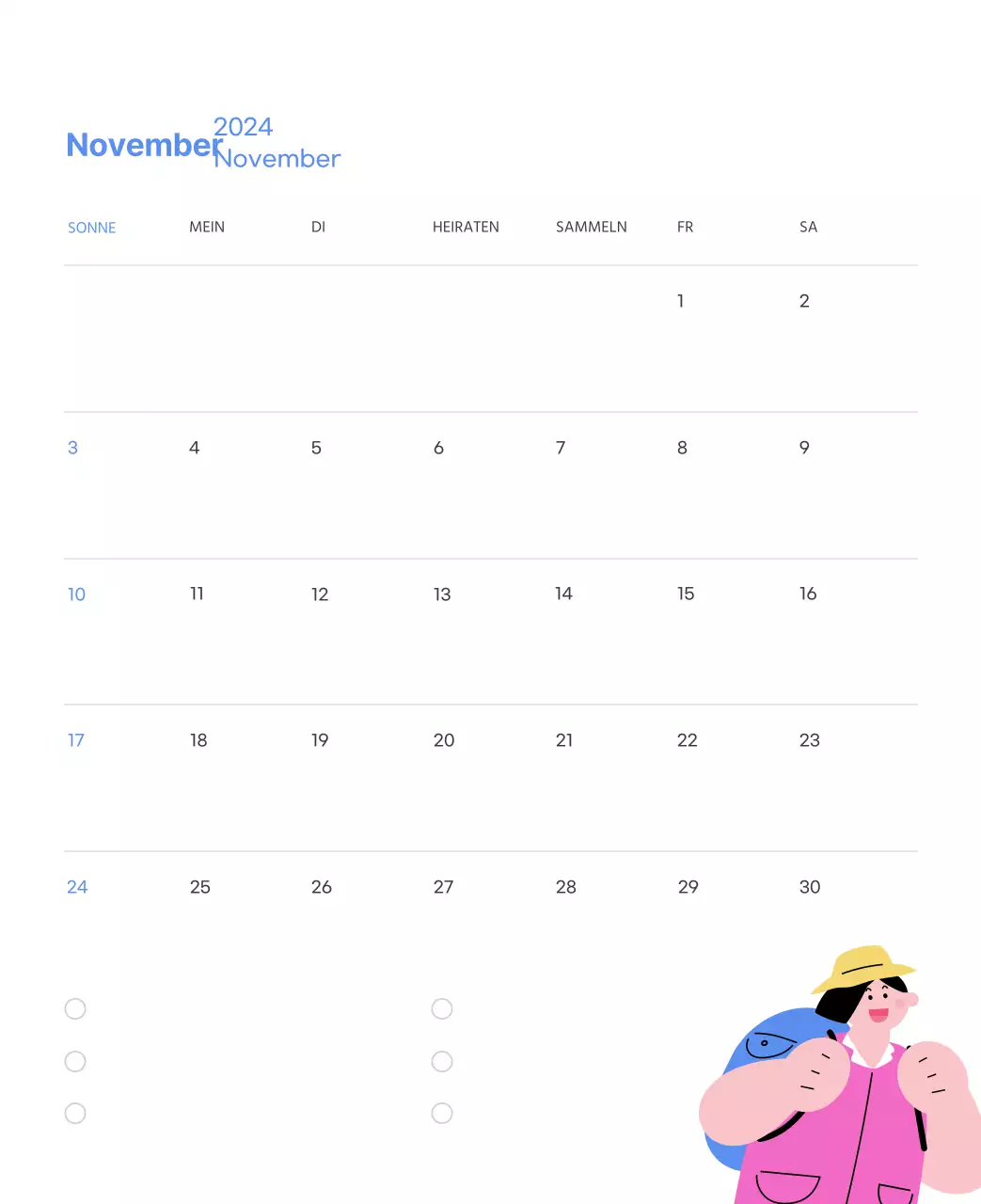 Motivationskalender mit energiegeladenen Illustrationen und positiven Zitaten auf hellblauem Hintergrund