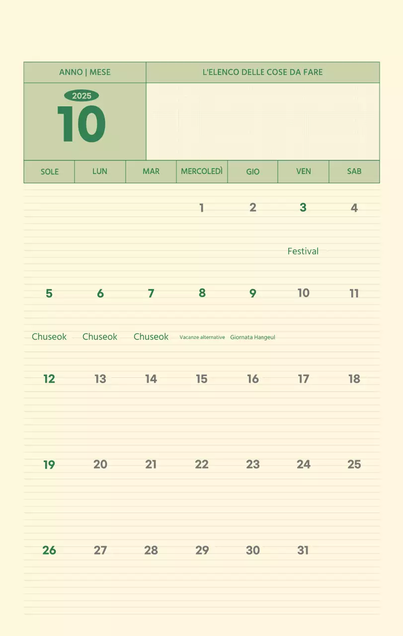 Calendario da parete SAT D-Day concept in verde e giallo chiaro