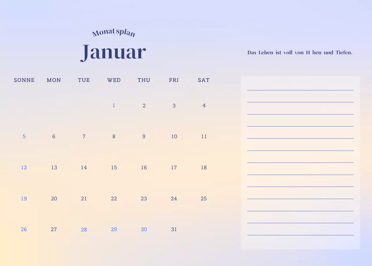 Minimalistischer Kalender mit Farbverlauf