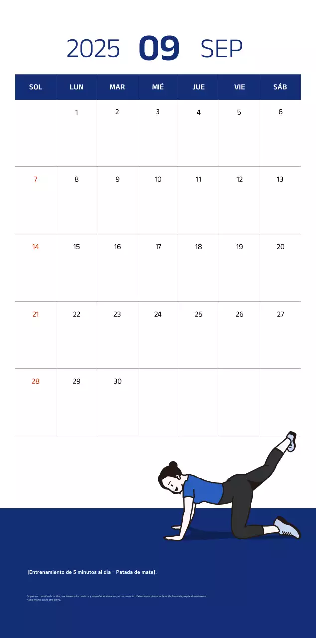 Calendario sencillo con ilustraciones azules y limpias