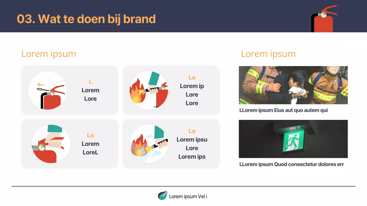 Eenvoudig trainingsmateriaal voor brandveiligheid in marineblauw en oranje