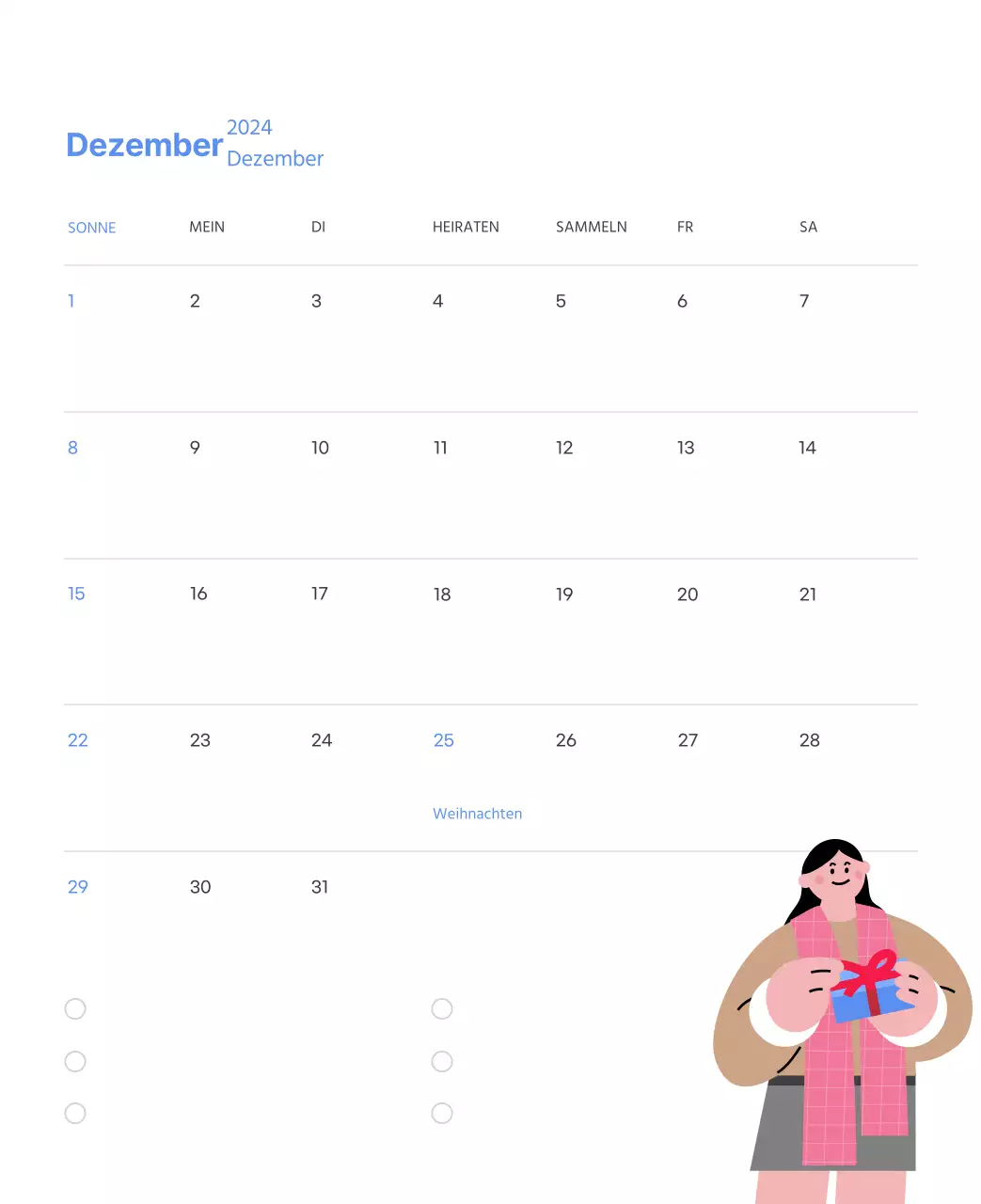 Motivationskalender mit energiegeladenen Illustrationen und positiven Zitaten auf hellblauem Hintergrund