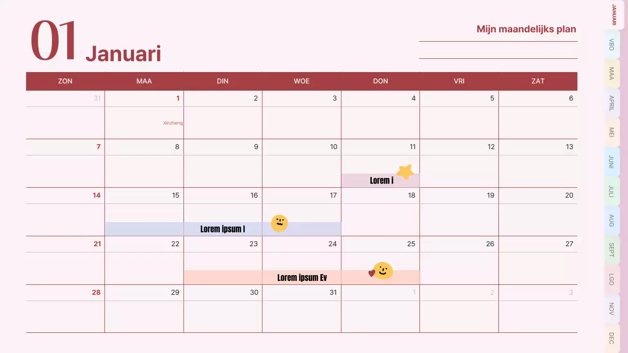 Klassieke kalender in roze en lichtblauw