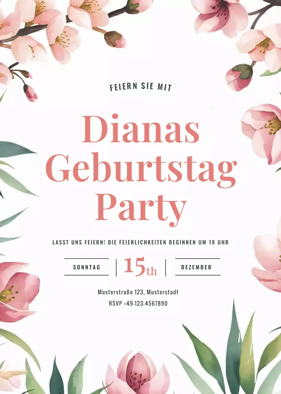 Rosa grün geblümte Geburtstagseinladung