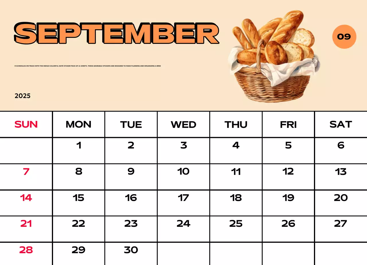 Kalender penuh warna dengan berbagai ilustrasi retro