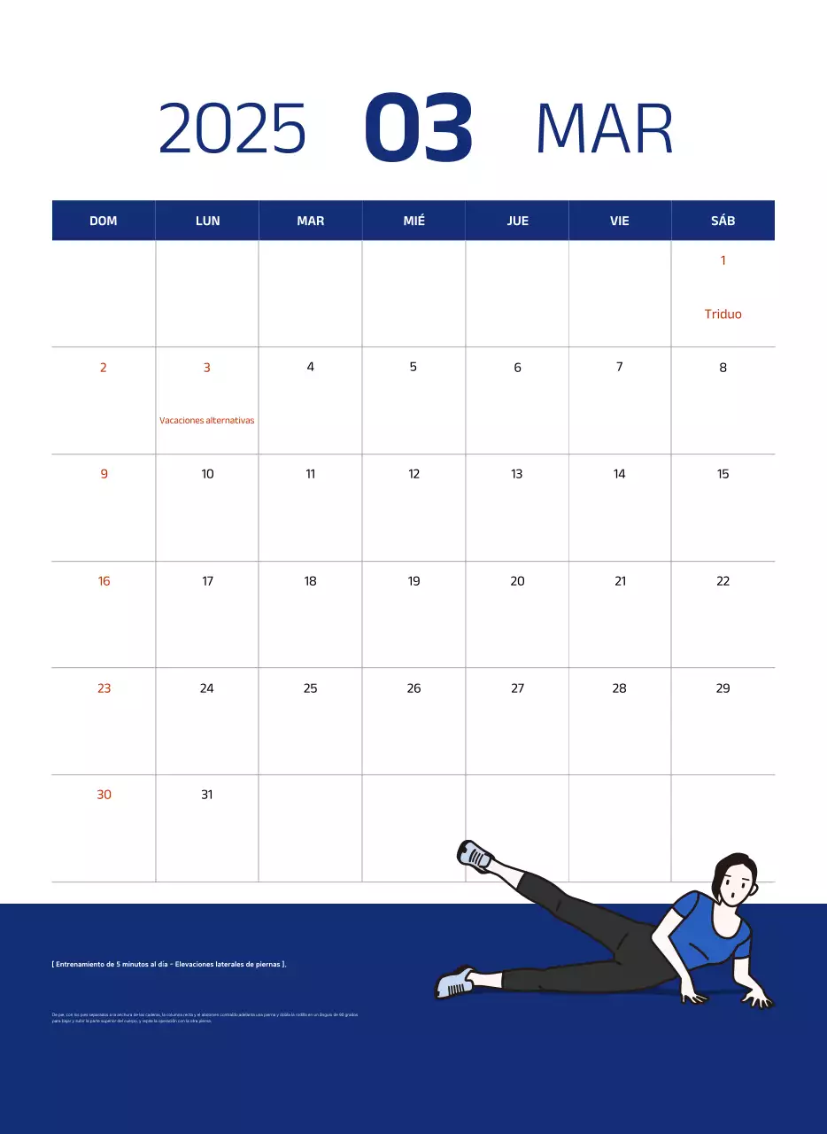 Calendario sencillo con ilustraciones azules y limpias