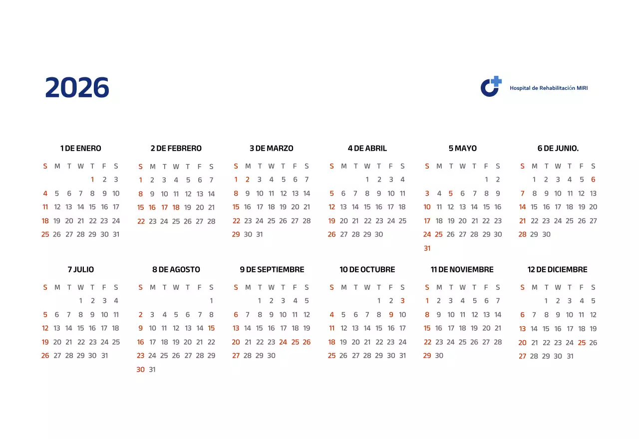 Calendario sencillo con ilustraciones azules y limpias